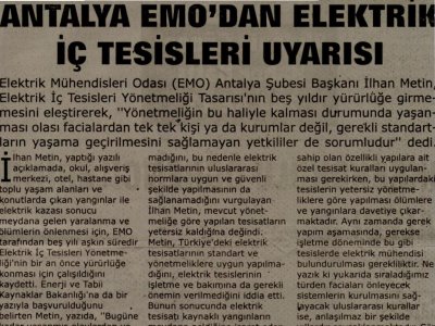 ANTALYA EMO'DAN ELEKTRİK İÇ TESİSLERİ UYARISI (GÜNCEL-13.10.2010)