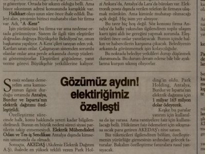 GÖZÜMÜZ AYDIN!ELEKTRİĞİMİZ ÖZELLEŞTİ.(CUMHURİYET AKDENİZ-09.12.2010)