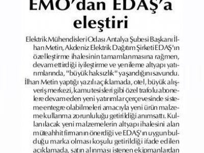 EMO`DAN EDAŞ`A ELEŞTİRİ (HİLAL-11.01.2011)