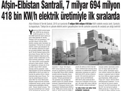 AFŞİN-ELBİSTAN SANTRALİ, 7 MİLYAR 694 MİLYON KW/H ELEKTRİK ÜRETİMİYLE İLK SIRALARDA (GÜNBOYU, 17.01.2011)