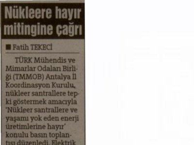 NÜKLEERE HAYIR MİTİNGİNE ÇAĞRI (HÜRRİYET AKDENİZ-23.04.2011)