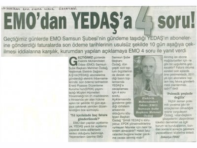 EMO`DAN YEDAŞ`A 4 SORU!(HALK GAZETESİ-17.06.2011)
