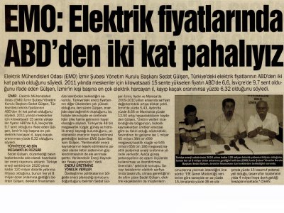 EMO : ELEKTRİK FİYATLARINDA ABD`DEN İKİ KAT PAHALIYIZ - 26.06.2011 -HABER VAKTİM