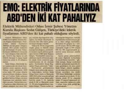 EMO : ELEKTRİK FİYATLARINDA ABD`DEN İKİ KAT PAHALIYIZ - 27.06.2011 -AYRINTILI HABER