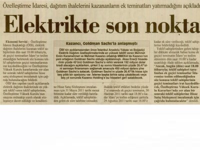 ELEKTRİKTE SON NOKTA (CUMHURİYET, 26.07.2011)