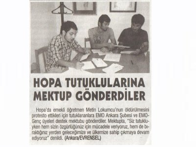 HOPA TUTUKLULARINA MEKTUP GÖNDERDİLER (EVRENSEL, 12.08.2011)