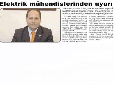 ELEKTRİK MÜHENDİSLERİNDEN UYARI (ANTALYA GÜNDEM- 06.10.2011)