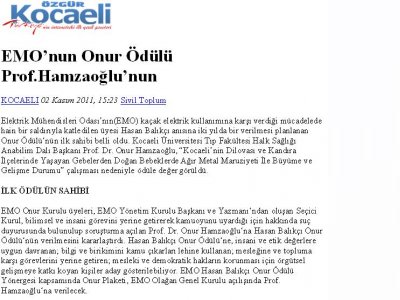 EMO NUN ONUR ÖDÜLÜ PROF. HAMZAOĞLU NUN