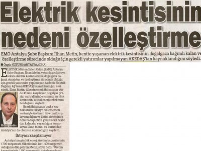 KESİNTİ NEDENİ ÖZELLEŞTİRME (HÜRRİYET AKDENİZ-25.01.2012)