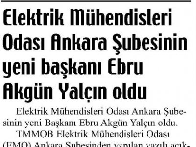 ELEKTRİK MÜHENDİSLERİ ODASI ANKARA ŞUBESİNİN YENİ BAŞKANI EBRU AKGÜN YALÇIN OLDU (İLKE GAZETESİ, 23.02.2012)