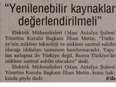 YENİLENEBİLİR KAYNAKLA DEĞERLENDİRİLMELİ (ANTALYA SON HABER-13.03.2012)