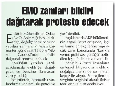 EMO ZAMLARI BİLDİRİ DAĞITARAK PROTESTO EDECEK (BAŞKENT GAZETESİ, 06.04.2012)