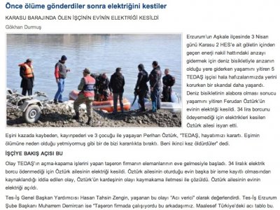ÖNCE ÖLÜME GÖNDERDİLER SONRA ELEKTRİĞİNİ KESTİLER (EVRENSEL.NET - 24 NİSAN 2012)
