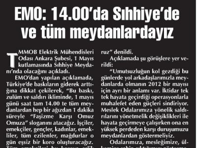 EMO: 14.00`DA SIHHİYE`DE VE TÜM MEYDANLARDAYIZ  (BAŞKENT GAZETESİ, 01.05.2012)