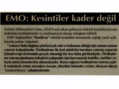 EMO : KESİNTİLER KADER DEĞİL (CUMHURİYET, 11.08.2012)