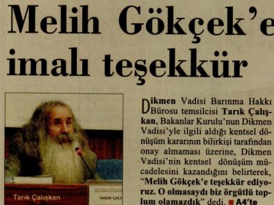 MELİH GÖKÇEK`E İMALI TEŞEKKÜR (CUMHURİYET ANKARA, 08.11.2012)