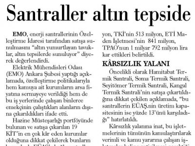 SANTRALLER ALTIN TEPSİDE (GÜNLÜK EVRENSEL, 01.12.2012)