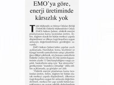 EMO`YA GÖRE, ENERJİ ÜRETİMİNDE KÂRSIZLIK YOK (BAŞKENT GAZETESİ, 01.12.2012)
