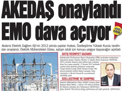 AKEDAŞ ONAYLANDI EMO DAVA AÇIYOR (GAZETE BİR-13.03.2013)