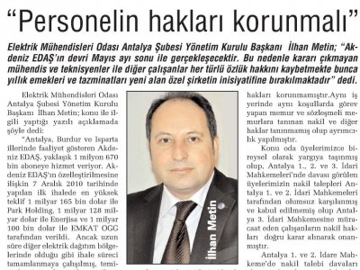 `PERSONELİN HAKLARI KORUNMALI`  (ANTALYA SON HABER-28.05.2013)