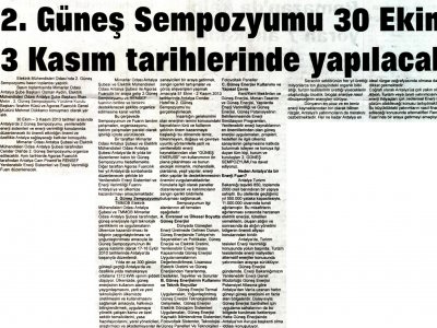 2 .GÜNEŞ SEMPOZYUMU 30 EKİM 3 KASIM TARİHLERİNDE YAPILACAK (ANTALYA EKONOMİ-06.07.2013)