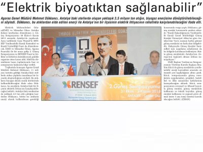 ELEKTRİK BİYOATIKTAN SAĞLANABİLİR (ANTALYA SON HABER-08.07.2013)