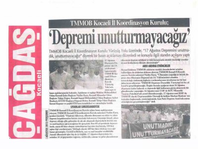 TMMOB KOCAELİ İL KOORDİNASYON KURULU `DEPREMİ UNUTTURMAYACAĞIZ`-ÇAĞDAŞ KOCAELİ