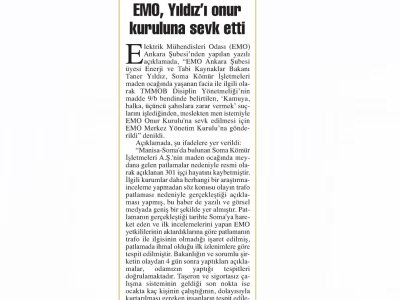 EMO, YILDIZ`I ONUR KURULUNA SEVK ETTİ (BAŞKENT GAZETESİ, 19.05.2014)