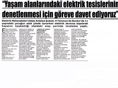 YASAM ALANLARINDAKİ ELEKTRİK TESİSLERİNİN DENETLENMESİ İÇİN GÖREVE DAVET EDİYORUZ (AKDENİZ GÜNCEL-15.07.2014)