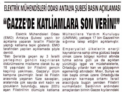 GAZZE DE KATLİAMLARA SON VERİN (TOROS GAZETESİ-18.07.2014)
