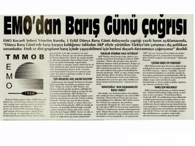 EMO`DAN BARIŞ GÜNÜ ÇAĞRISI-ÇAĞDAŞ KOCAELİ