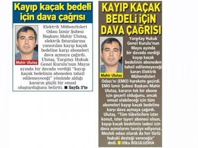 KAYIP KAÇAK BEDELİ İÇİN DAVA ÇAĞRISI - 22.09.2014 -POSTA EGE