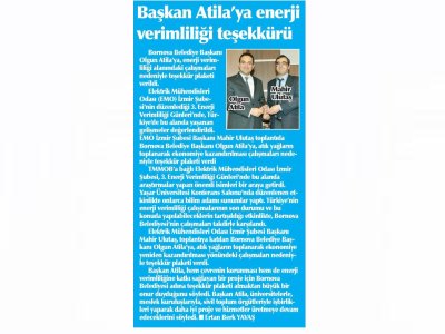 BAŞKAN ATİLA`YA ENERJİ VERİMLİLİĞİ TEŞEKKÜRÜ - 27.01.2015 - YENİGÜN