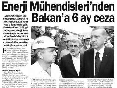 ELEKTRİK MÜHENDİSLERİ BAKAN`A `SOMA`DAN 6 AY CEZA VERDİ (HABEREKSPRES, 3.3.2015)