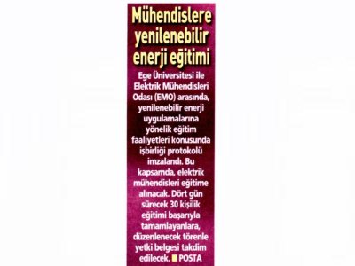 MÜHENDİSLERE YENİLENEBİLİR ENERJİ EĞİTİMİ -27.06.2015 - POSTA EGE