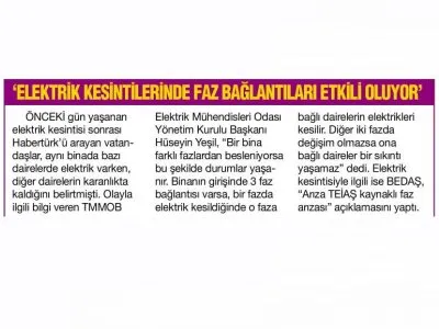 `ELEKTRİK KESİNTİLERİNDE FAZ BAĞLANTILARI ETKİLİ OLUYOR` (HABERTÜRK)