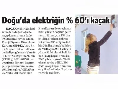 DOĞU`DA ELEKTRİĞİN % 60 `I KAÇAK (VATAN)