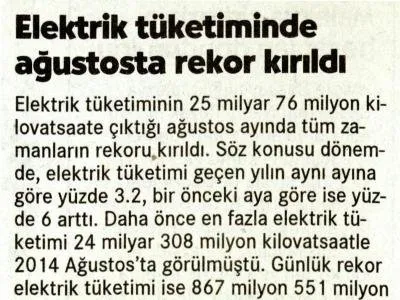 ELEKTRİK TÜKETİMİNDE AĞUSTOSTA REKOR KIRILDI (CUMHURİYET)