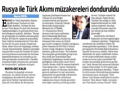 RUSYA İLE TÜRK AKIMI MÜZAKERELERİ DONDURULDU (HÜRRİYET)