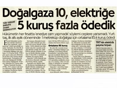 DOĞALGAZA 10, ELEKTRİĞE 5 KURUŞ FAZLA ÖDEDİK (CUMHURİYET, 01.10.2015)