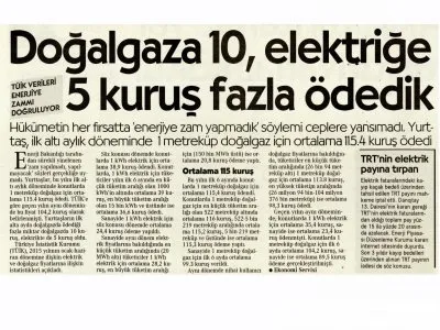 DOĞALGAZA 10, ELEKTRİĞE 5 KURUŞ FAZLA ÖDEDİK (CUMHURİYET, 01.10.2015)