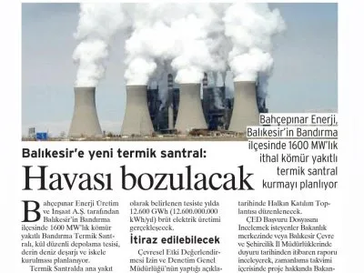 BALIKESİR`E YENİ TERMİK SANTRAL: HAVASI BOZULACAK (BİRGÜN)
