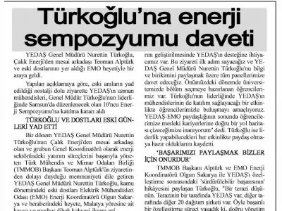 TÜRKOĞLU`NA ENERJİ SEMPOZYUMU DAVETİ (ÇORUM HAKİMİYET)