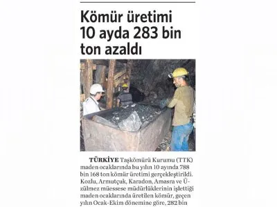KÖMÜR ÜRETİMİ 10 AYDA 283 BİN TON AZALDI (VATAN)