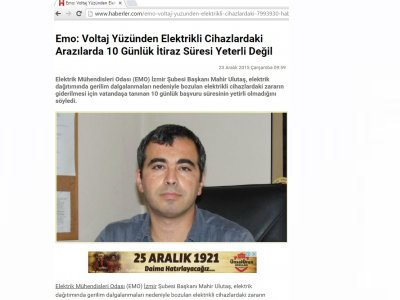 EMO: VOLTAJ YÜZÜNDEN ELEKTRİKLİ CİHAZLARDAKİ ARIZALARDA 10 GÜNLÜK İTİRAZ SÜRESİ YETERLİ DEĞİL (HABERLER.COM)