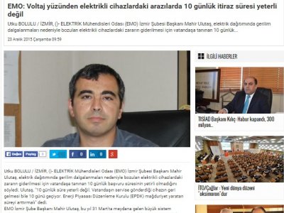 EMO: VOLTAJ YÜZÜNDEN ELEKTRİKLİ CİHAZLARDAKİ ARIZALARDA 10 GÜNLÜK İTİRAZ SÜRESİ YETERLİ DEĞİL. (AYDİNSES.COM)