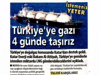 TÜRKİYEYE GAZI 4 GÜNDE TAŞIRIZ (GÜNEŞ)