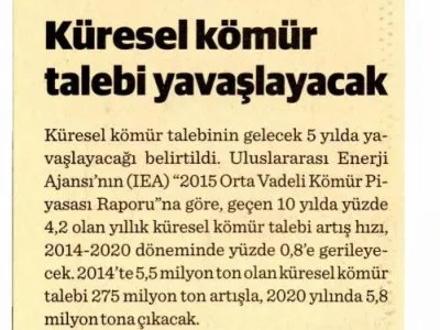 KÜRESEL KÖMÜR TALEBİ YAVAŞLAYACAK  (DÜNYA)