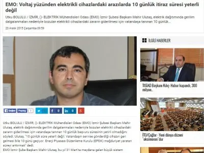 EMO: VOLTAJ YÜZÜNDEN ELEKTRİKLİ CİHAZLARDAKİ ARIZALARDA 10 GÜNLÜK İTİRAZ SÜRESİ YETERLİ DEĞİL. (AYDİNSES.COM)