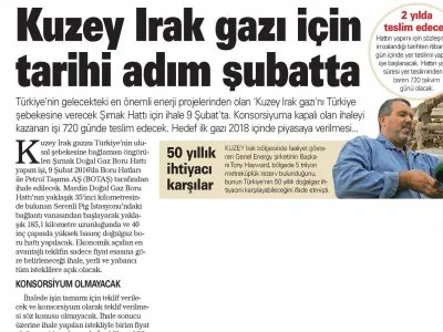 KUZEY IRAK GAZI İÇİN TARİHİ ADIM ŞUBATTA  (AKŞAM)